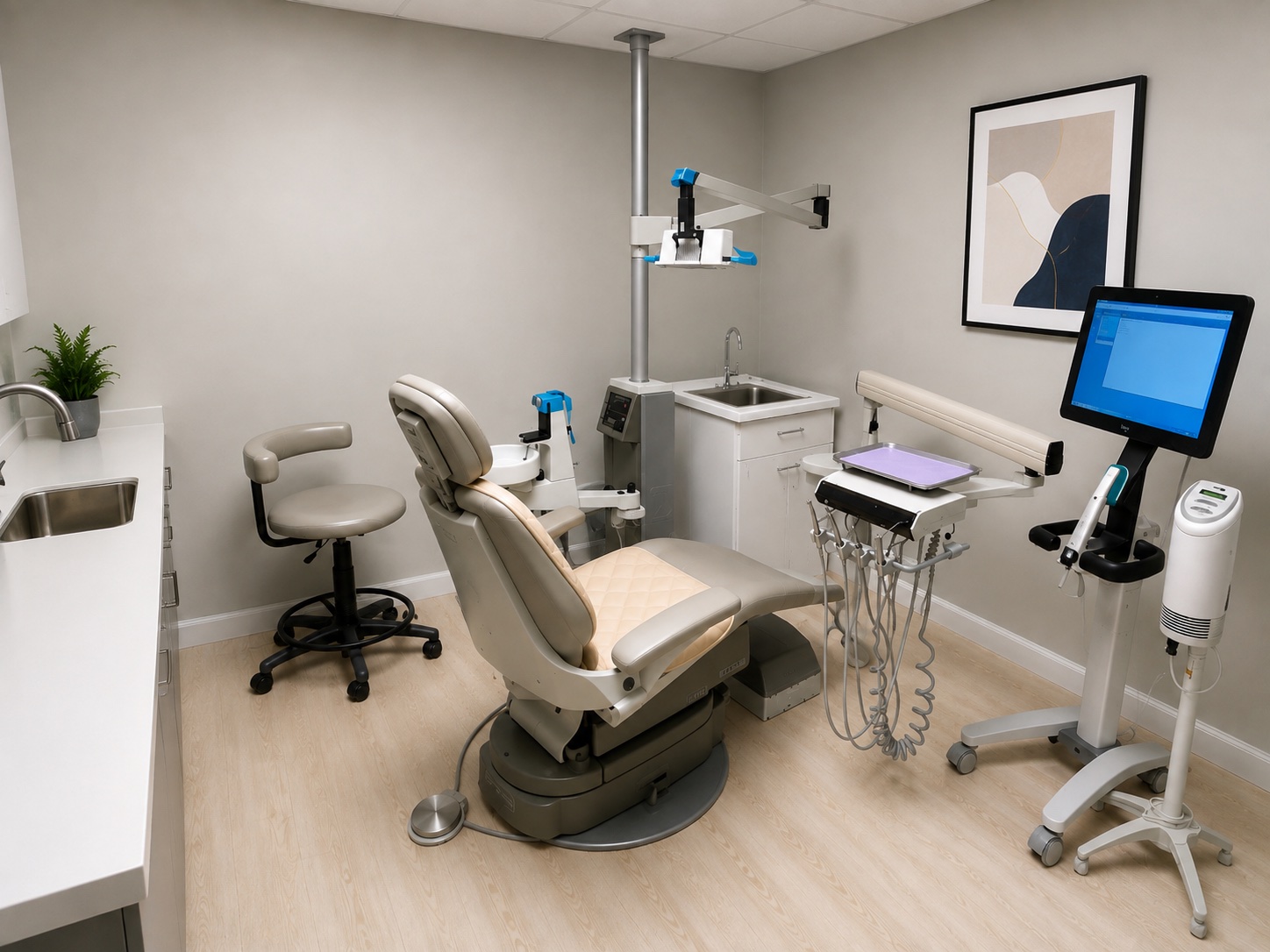 A treatment room at the Maple Avenue office with the chair and instrument tray ready for a patient